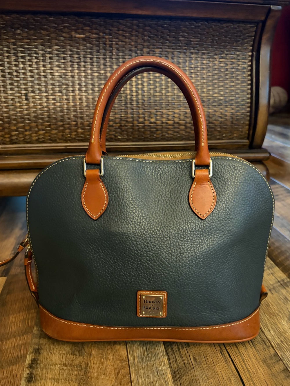 Dooney & Bourke Dusty Blue Pebbled Leather Satchel with Tan Trim